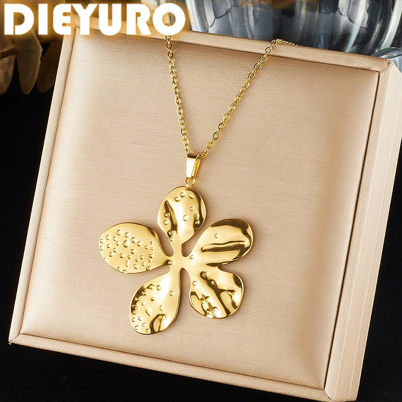 DIEYURO 316L Stainless Steel Retro Golden Boho Abstract Flower Pendant Necklace for Women Non-fading New Neck Chain Jewelry Gift