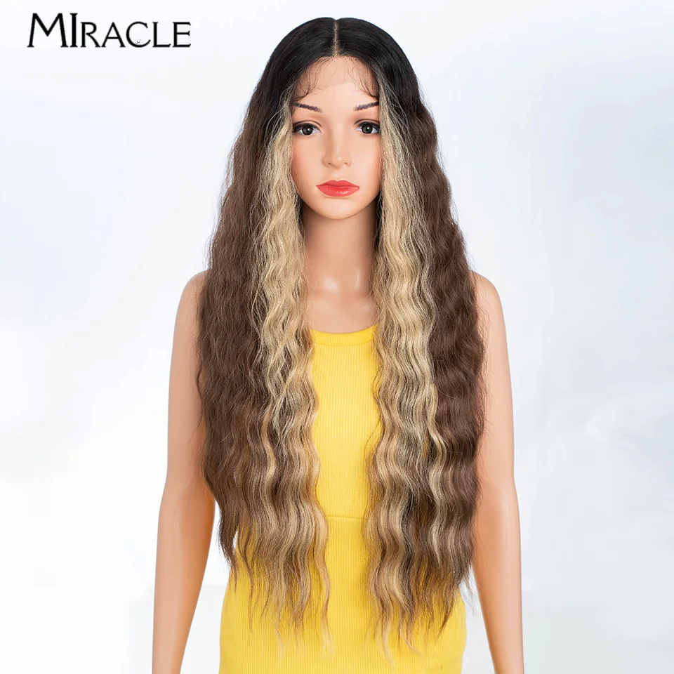 

MIRACLE 30 Inch Synthetic Lace Front Wig for Women Water Wave Cosplay Wigs Long Wavy Lace Wig Heat Resistant Fake Hair Blonde