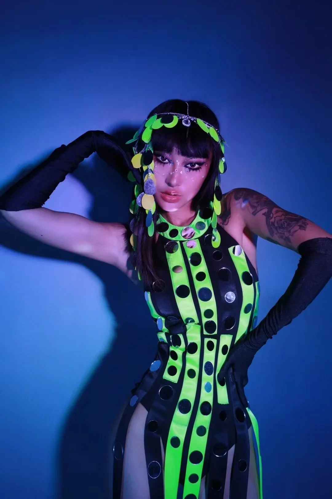 Fluorescerende Groene Kwastje Jumpsuit Zanger Danser Podium Kostuum Jazz Gogo Danskleding Feest Rave Outfit