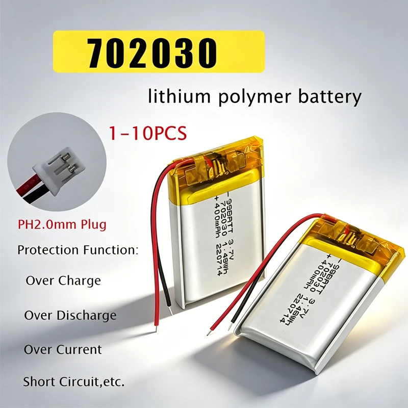 1-10pcs 702030 3.7V 400mAh Lithium Polymer Rechargeable Battery for Bluetooth Headset Beauty Instrument Selfie Stick MP3 GPS Toy