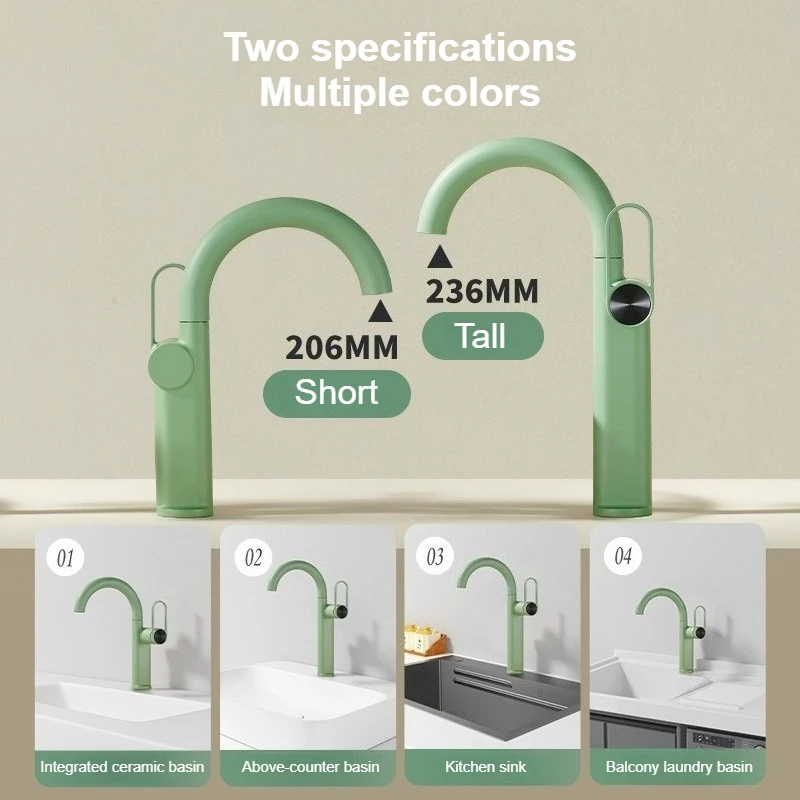 Gentle Mint Green Tall/Short U-shaped Basin Faucet With 360° Rotation To Heighten Bathroom Multiple Colors Hot and Cold Faucets