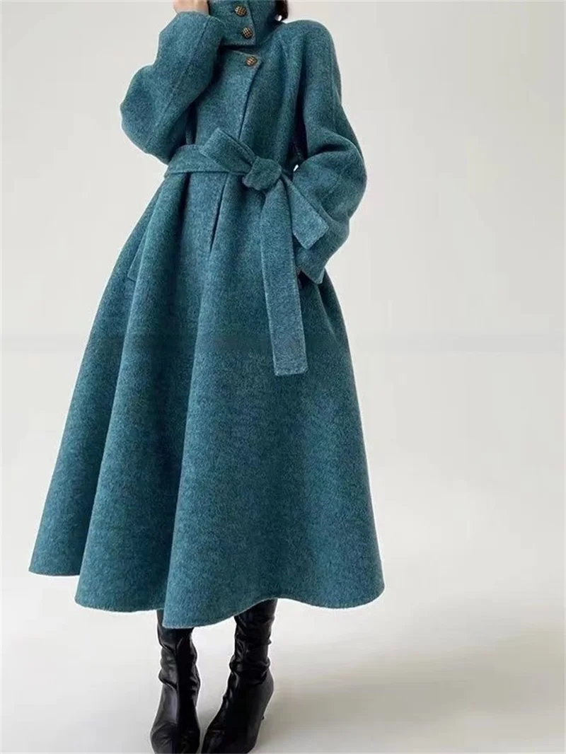 100% Wool Coat Women Full Sleeve Loose Long Cashmere Coat 2024 Autumn Winter Lady Commute Overcoat Lapel Belt Jacket