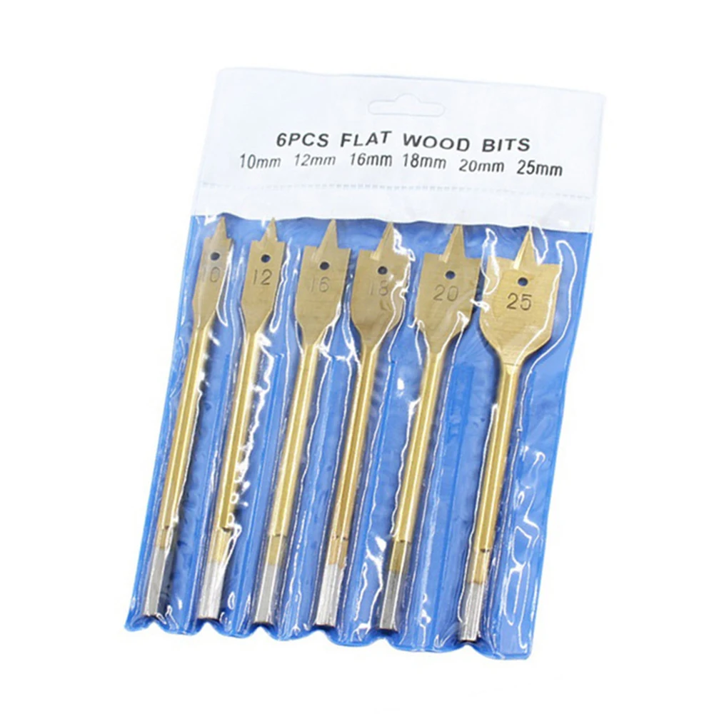 6 Pcs Spade Drill Bit Set Paddle Flat Bits Hole Cutter Titanium Coating Carbon Steel Woodworking Tool 10/12/16/18/20/25mm