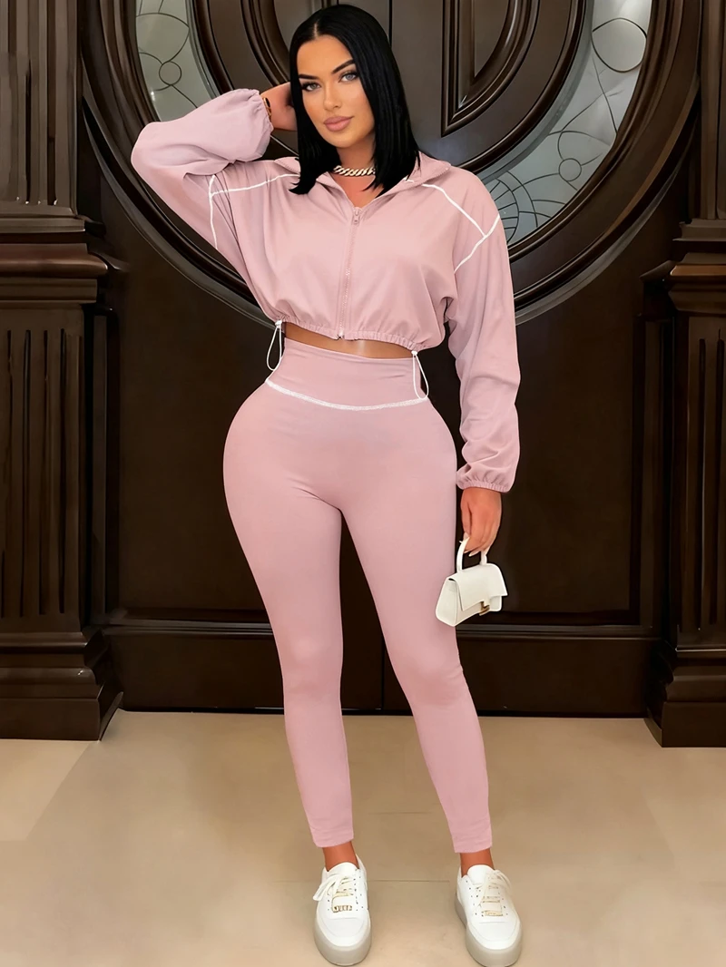Stilvolle Dame Sport 2-teiliges Set Frauen Langarm Zipper Crop Top und Dünne Hose Sets 2025 Herbst Casual Straße Trainingsanzüge