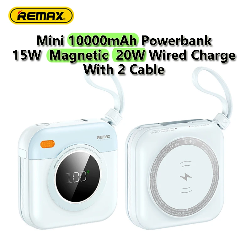 Remax 2in1Mini Magnetic Magsafe Portable PowerBank Wireless 15w Wired 20W Fast Charge 10000mAh with Type-c Lightning Cable 7cm