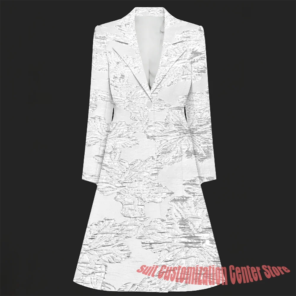 

Роскошное женское белое длинное пальто с цветочным тиснением, пиджак с лацканами и вырезом, торжественная вечерняя куртка для стильного офисного и вечернего наряда