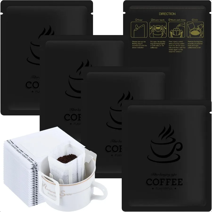 

100 PCS Drip Coffee Bag with Coffee Filter Paper Bag 100 PCS Black Aluminum Foil Hanging Ear Coffee Beans Storage Packaging Bag