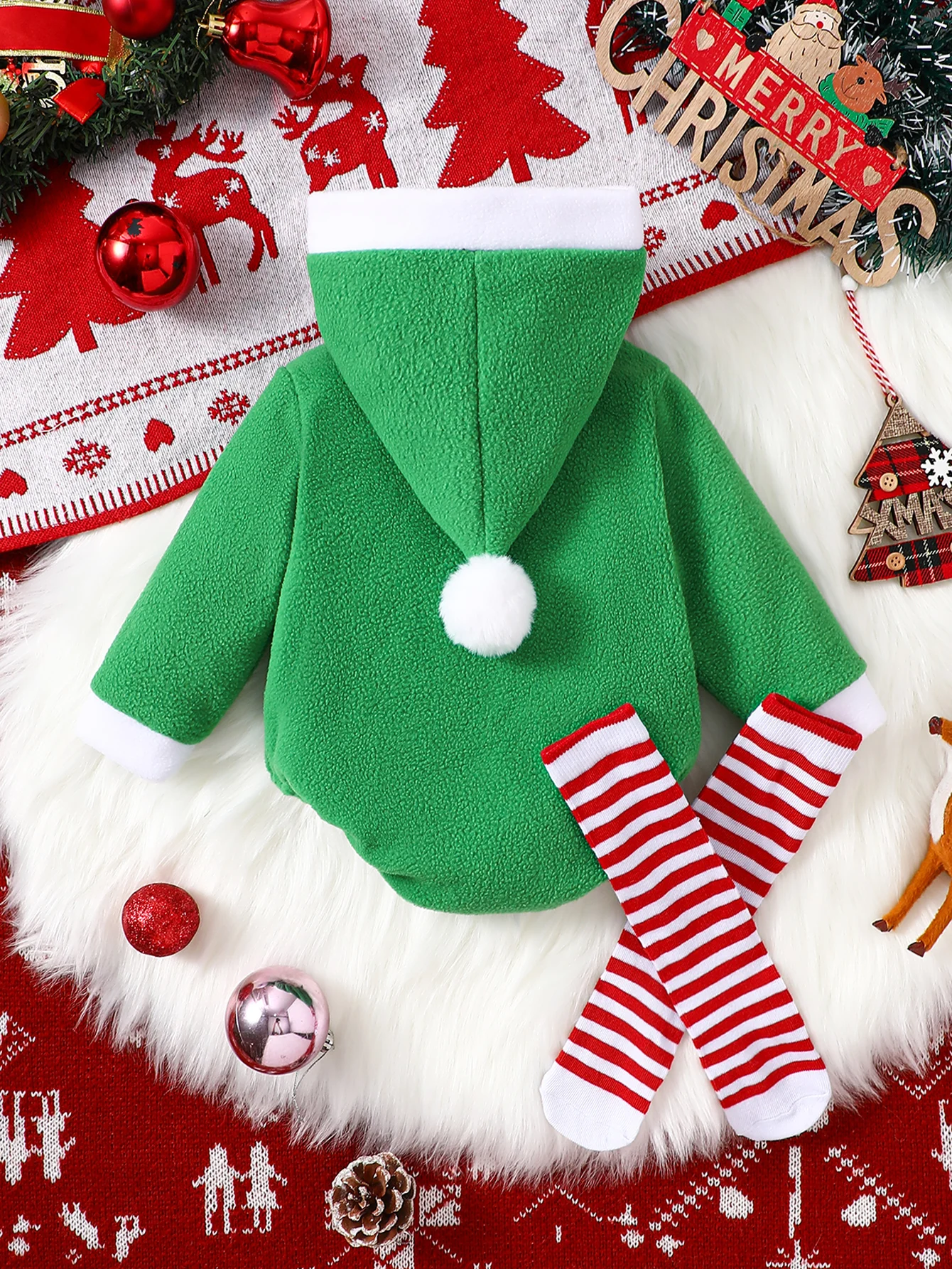 IURNXB Baby Hooded Green Fleece Bodysuit Infant Christmas Elf Costume Set Newborn Santa Elf Outfits for Xmas Party 1-18M