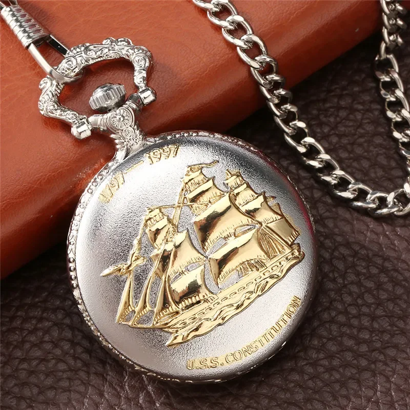 Silver Carved Sailing Canvas Boat Alloy Cover 1797-1997 Fob Quartz Pocket Watch for Men Women with 30Cm Pendant Chain Clock Gift