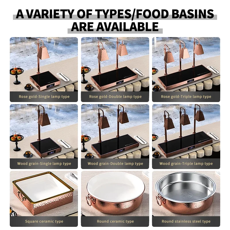 High-end Rose Gold Stainless Steel Buffet Server Lamp Food Warming Light Lamp Touch Control Electric Heating Plate view 3
