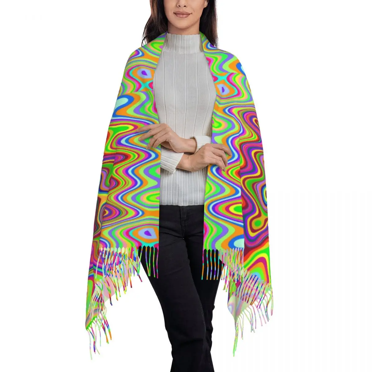 Female Scarf Warm Soft Psychedelic Pop Art Scarves with Long Tassel Liquid Swirl Print y2k Cool Shawls and Wraps Design Bufanda