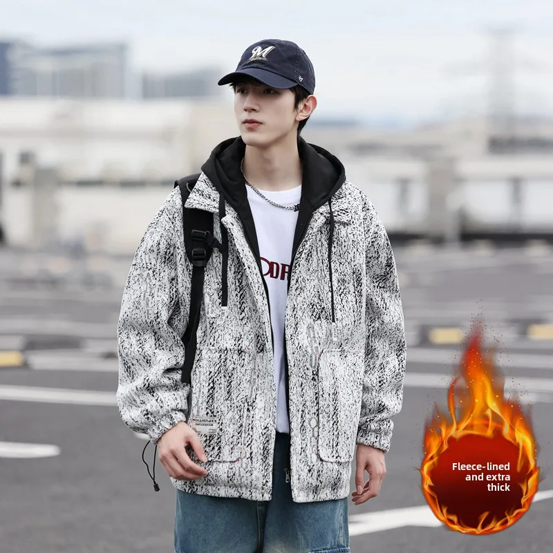 

Retro Hooded Jaet Cardigan Men's Faion Thiened Fce Autumn Winter New Sle Couple Matching Loose Fit Youth Trend
