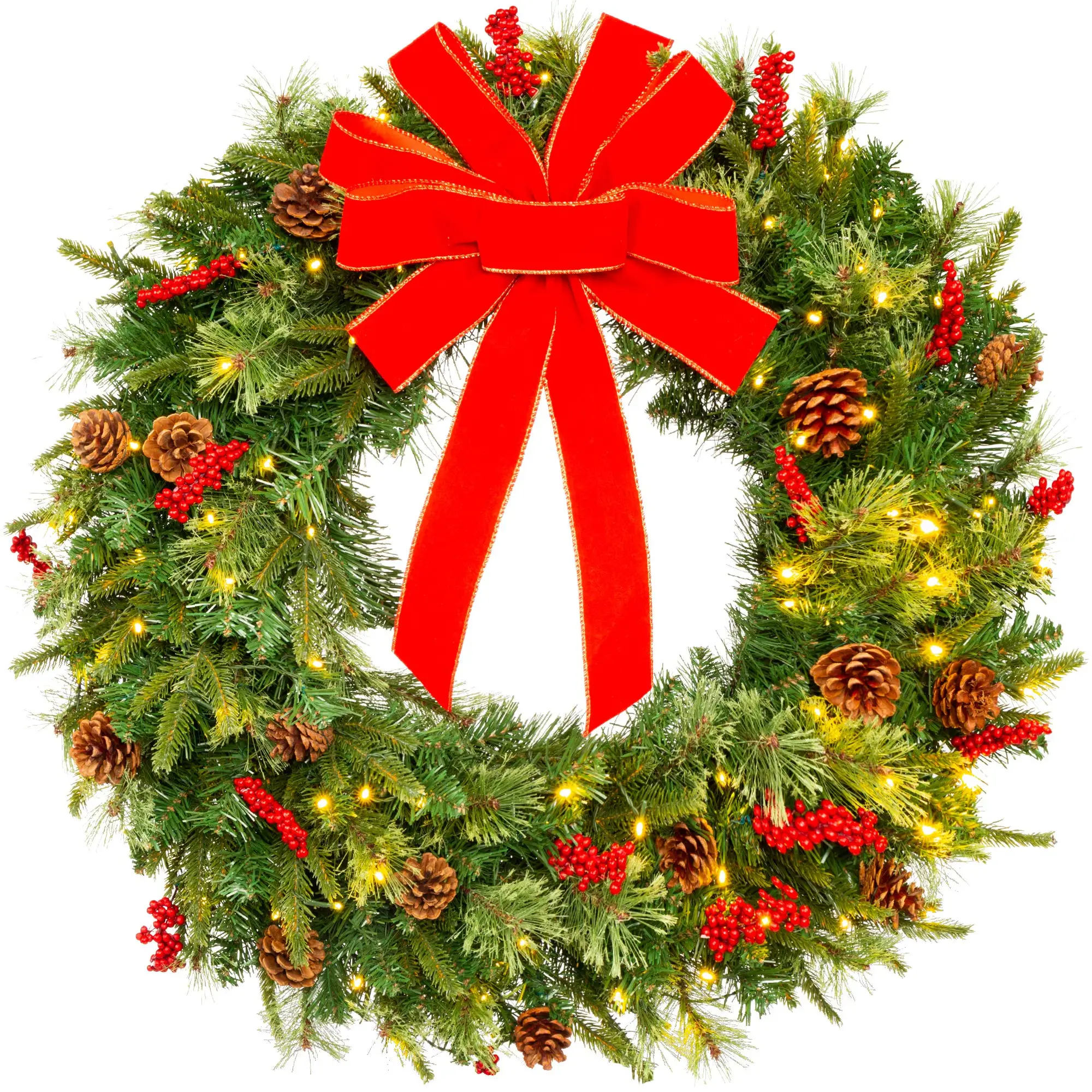 24in Pre-Lit Battery Powered Christmas Wreath Artificial Pre-Decorated Holiday Accent w/ 70 Lights, 96 PVC Tips