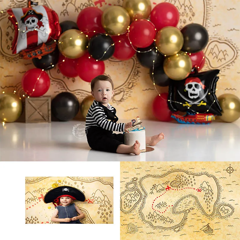 

Pirate Ship Backdrops Boy Birthday Decor World Map Treasure Adventure Baby Photography Backgrounds Photo Studio Props Photozone