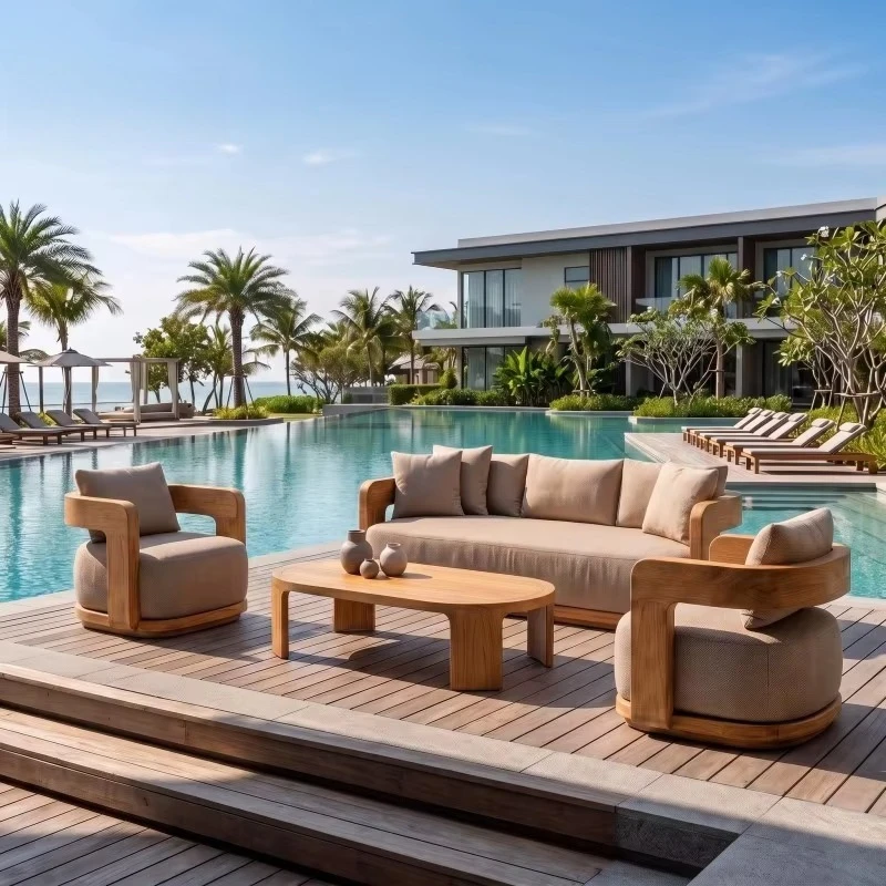 Villa Hotel Outdoor Furniture Sofa Set 4 Piece Teak Wood Outdoor Lounge Set Resort Waterproof Patio Furniture Set Garden Sofa
