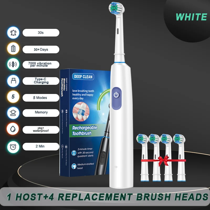 2025 Rotating Electric Toothbrush  5 Modes, USB Charger  4 Brush Heads  Adult Rechargeable Brush