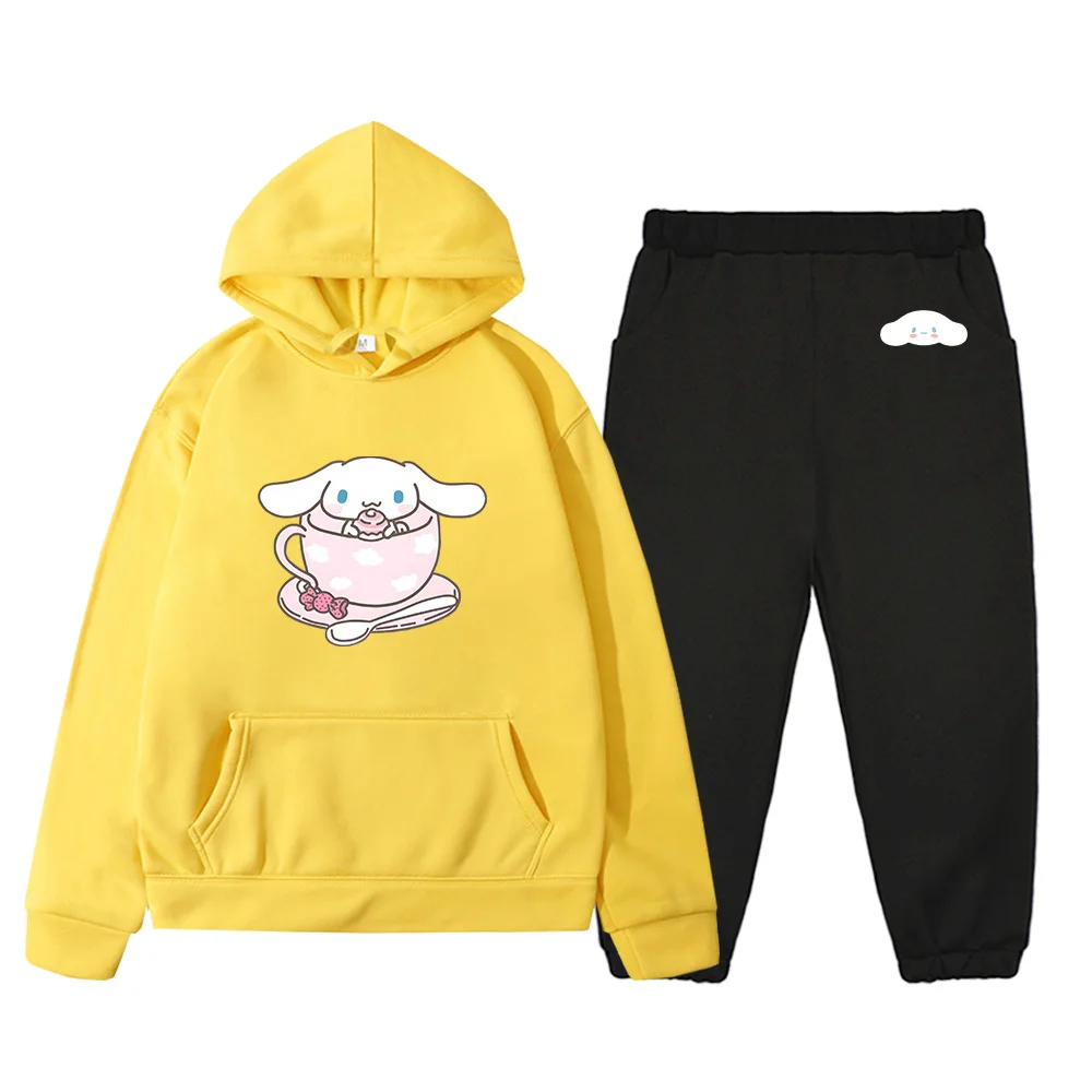 Kawaii Set Pullover anak-anak Cinnamoroll baju makanan penutup permen manis anak perempuan laki-laki Hoodie dan celana Set pakaian longgar kasual