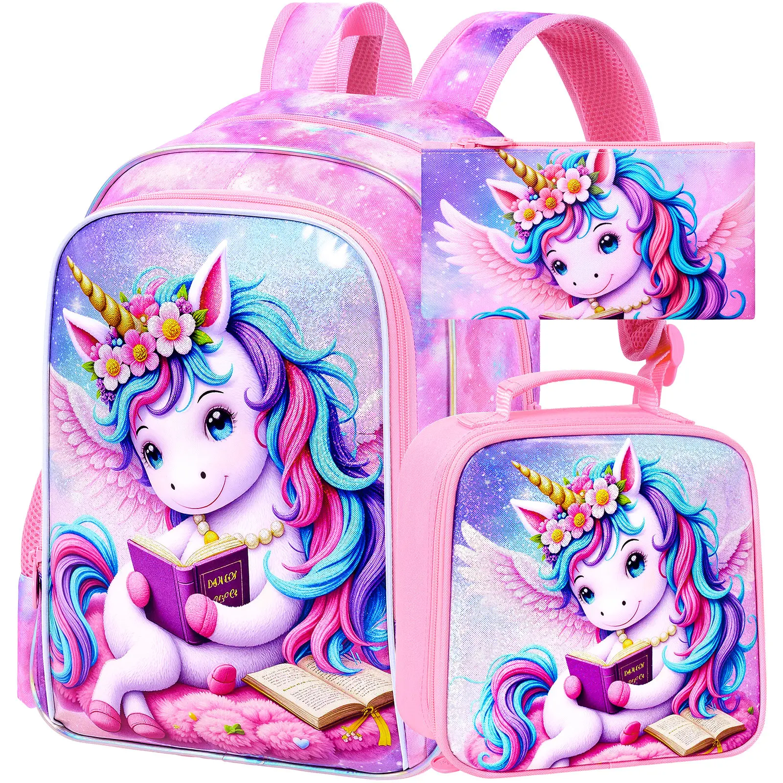 Kid's backpack 16 Inch 3PCS, UV Reading Unicorn Print Large‑Capacity School Set, One Backpack, One Handbag, One Pencil Case