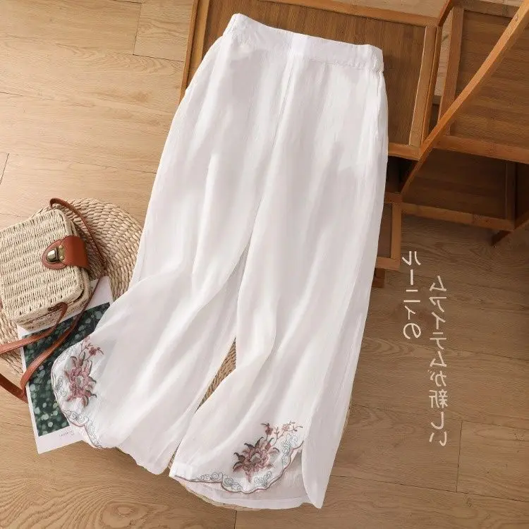 Pantalones cortos elegantes de cintura alta para mujer, pantalón informal, holgado, estilo chino, estilo nacional, bordado Retro, ligero, transpirable