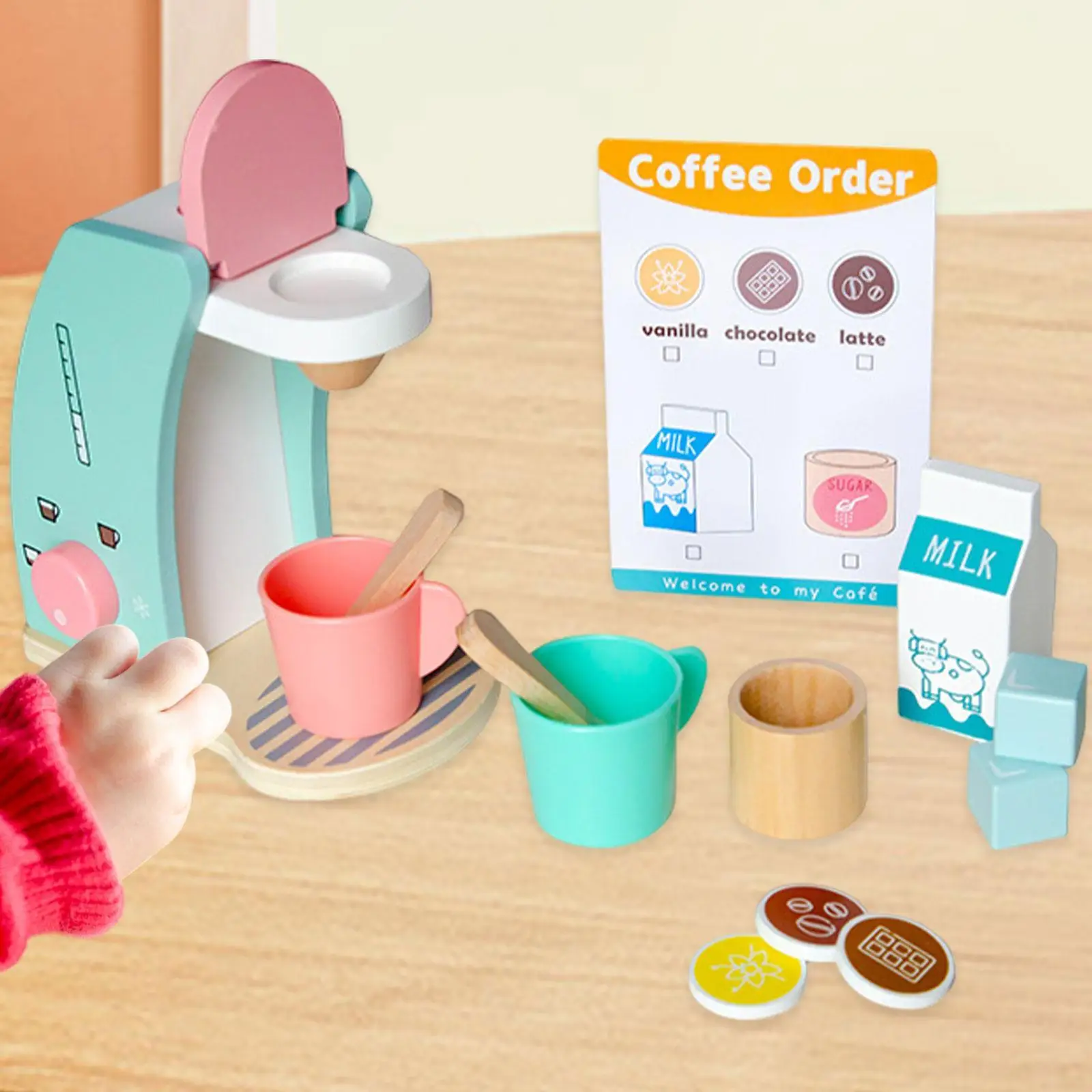 Wooden Play Kitchen Accessories Educational Playset Wooden Coffee Machine Play House Game for Children Toddlers Kids Boys Girls