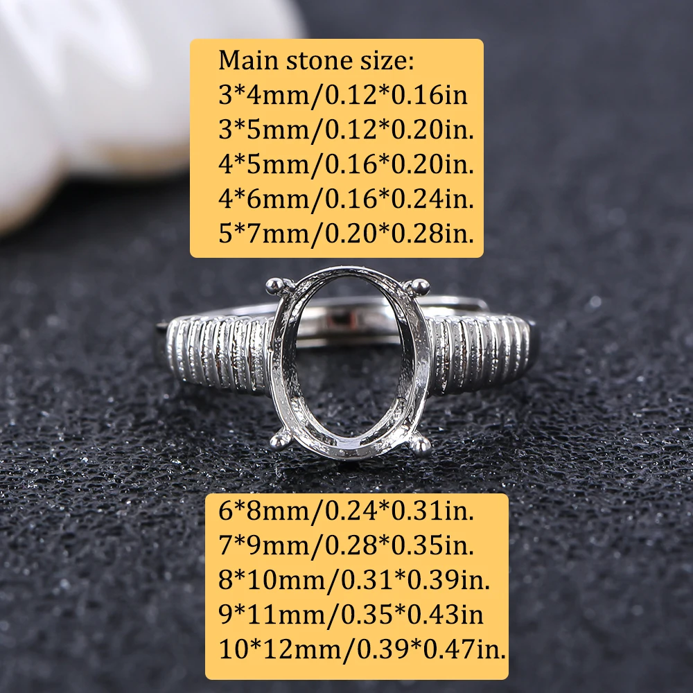 3x4-10x12mm Oval Ring Settings in Various Sizes, S925 Sterling Silver, Suitable for DIY Women's Jewelry