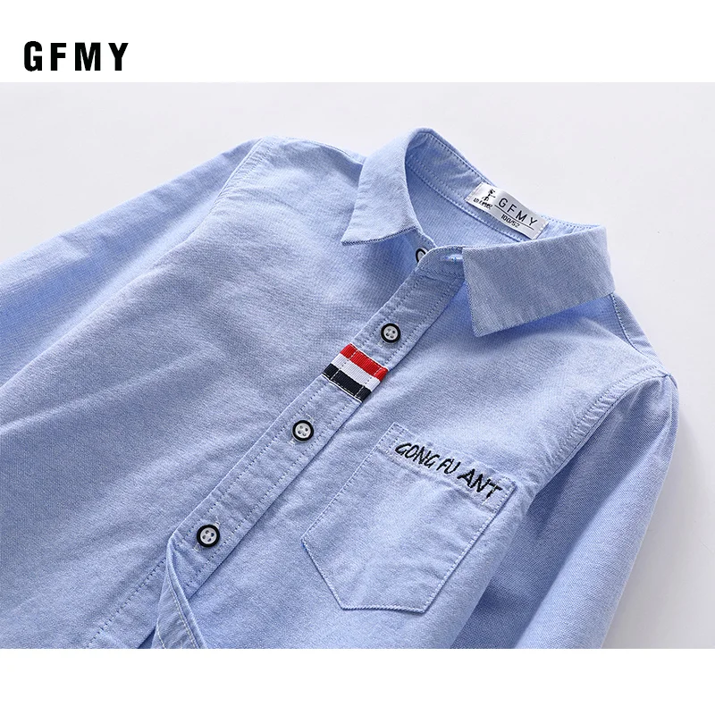 GFMY 2023 Spring 100% Oxford Textile Cotton Lapel Full Sleeve Embroidered Letters Solid Color Pink Blue Boys White Shirts