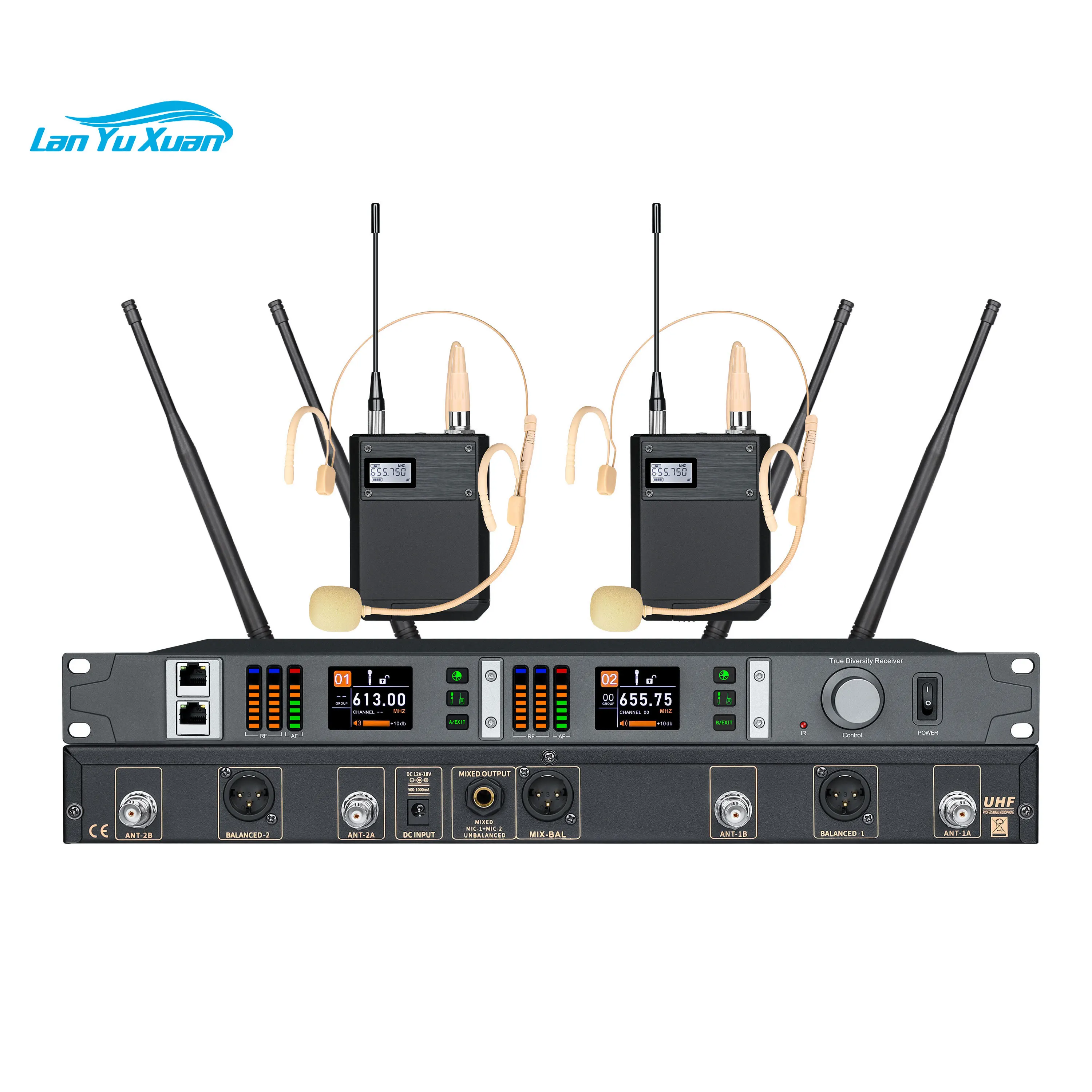 

EIF TX-9200 Dual Channel Professional Handheld Lavalier Headset Desktop Microphone UHF Wireless Noise Cancelling EQ Gain