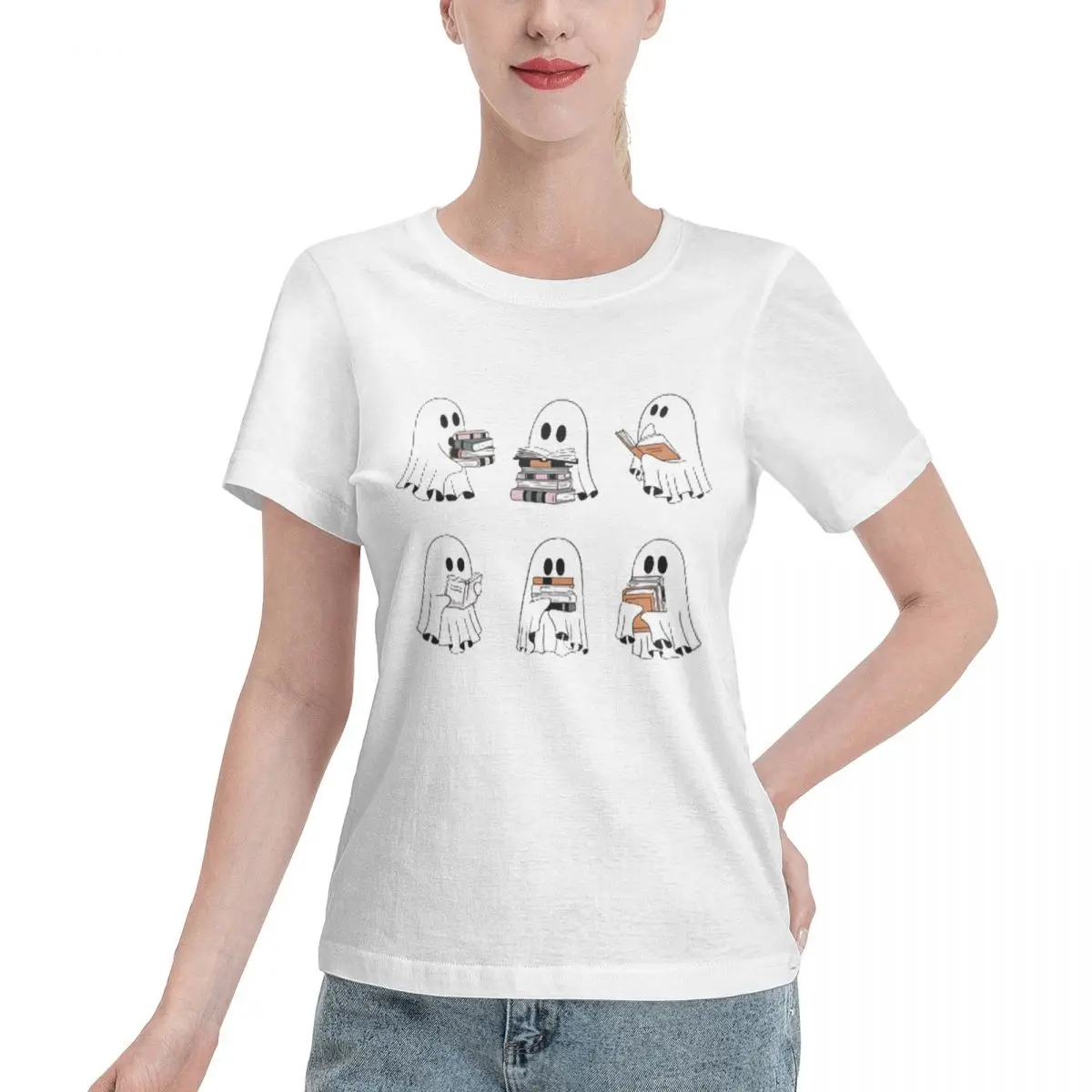 

Ghost Reading Books Sweater Short Sleeve Casual Ladies Fashion Female Graphic Tee Women Print T-shirts