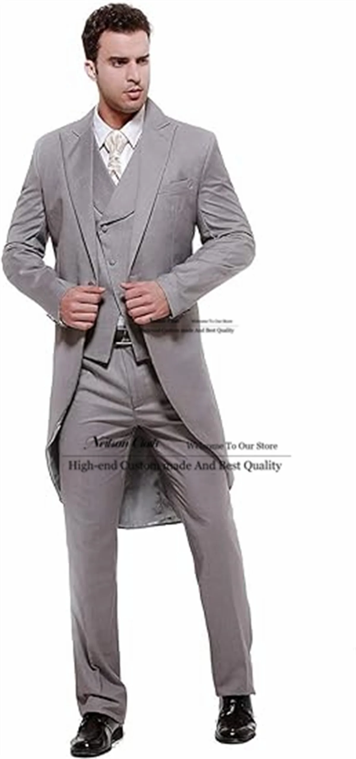 

Grey Long Coat Male Prom Blazers 3 Pcs Sets Tailcoat Groom Wedding Tuxedos Peaked Lapel Customized Slim Fit Terno Masculino