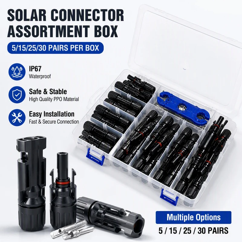 5/15/25/30 Sets Solar PV Cable Connector Kit with Male Female Housings and Crimp Pins,  Wrench and Compartment Storage Box