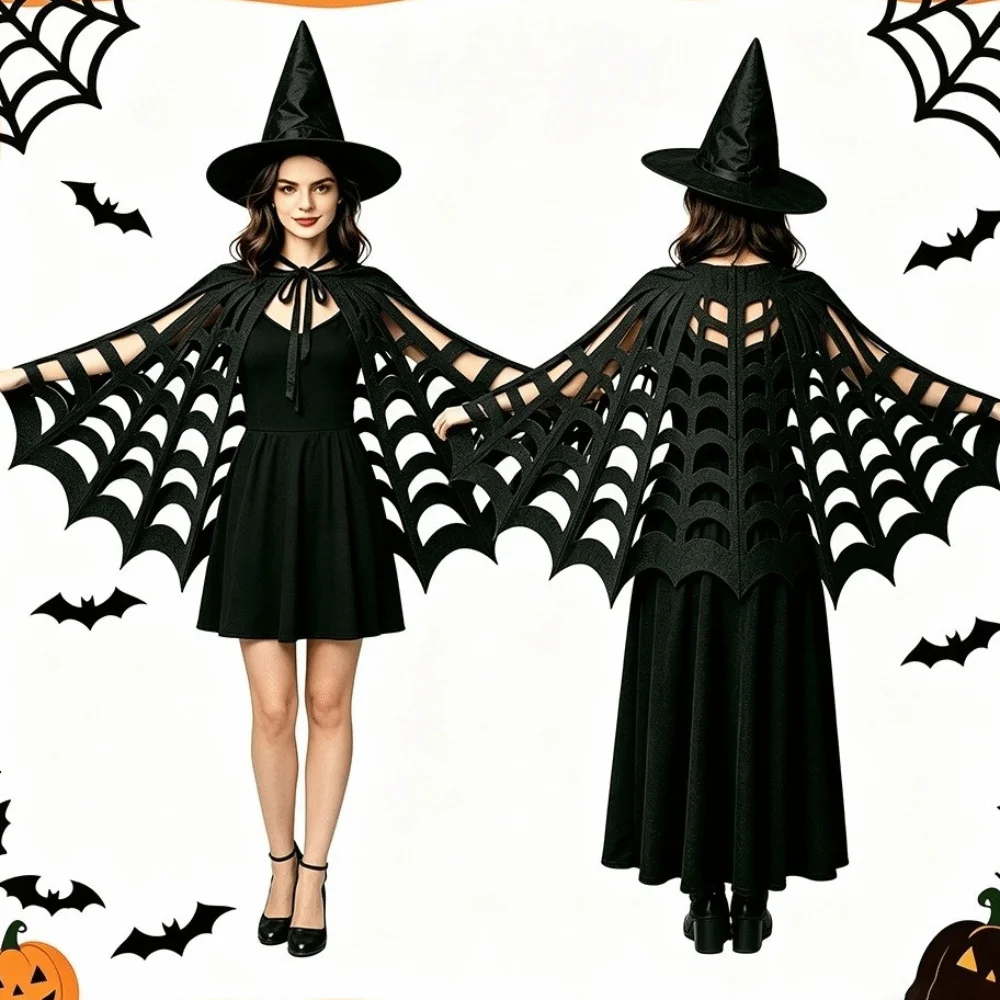 Retro Solid Color Halloween Cape Felt Material Mesh Texture Spiderweb Shawl Adult Size Hollow Out Cosplay Cloak Festival Wear