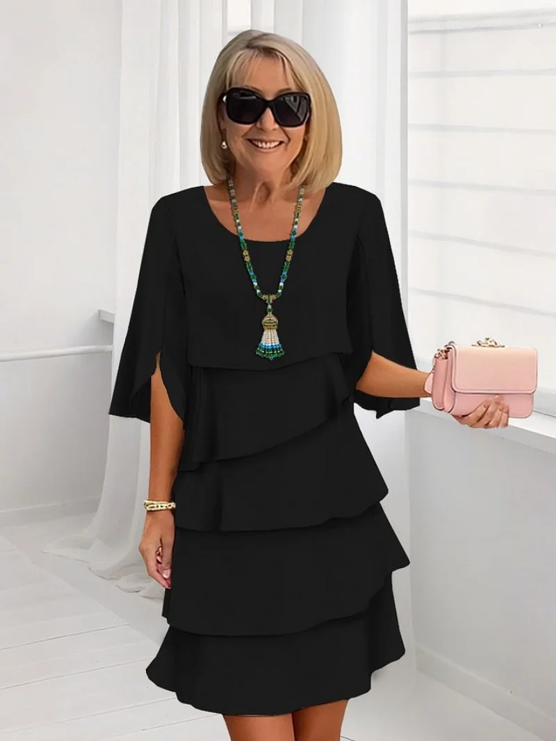 Vestido midi em camadas de cor pura manga comprida ajuste regular elegante feminino saindo roupa de festa