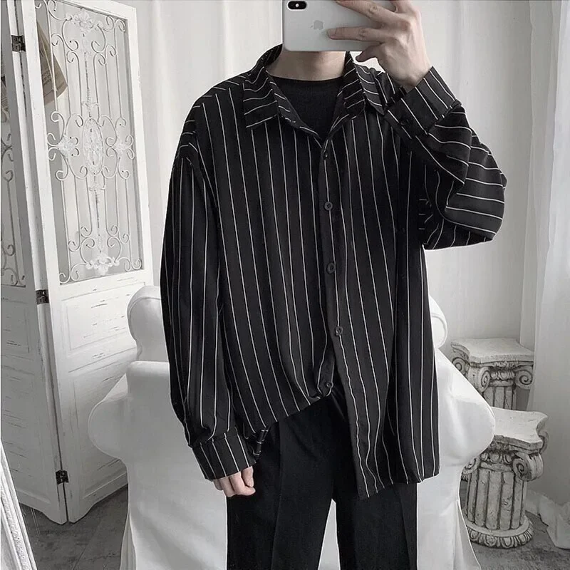 LIBIELIY Fashion Lapel Button All-match Printed Striped Shirts Men's Clothing 2025 Autumn New Loose Casual Tops Long Sleeve Kore