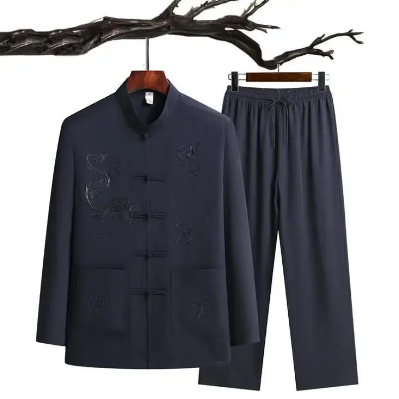 2023 long sleeve father\'s taiji suit autumn cotton linen suit Chinoiserie coiled loose Tang suit cotton linen suit