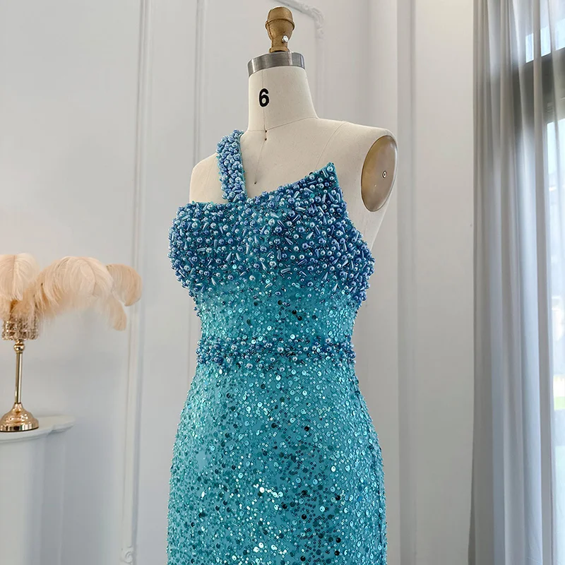 LSCZ113 Fashion Ladies Beading Sleeveless Luxury Dress Strapless Blue Sequin Evening Dress