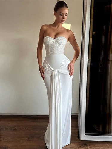 Sisterlinda-vestido Sexy sin tirantes para mujer, retales de lentejuelas, espalda descubierta, cinta con nudo, envoltura en la cadera, fiesta de graduación de medianoche, ceñido largo elegante