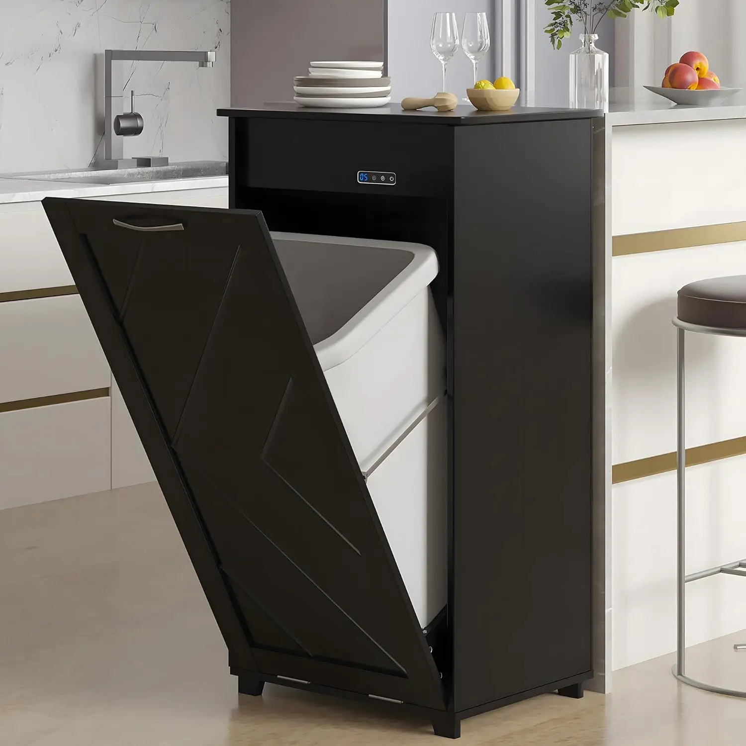 

Tilt Out Kitchen Trash Bin Cabinet, Dog Proof Garbage Can with Wood Holder Free Standing Recycling, Black