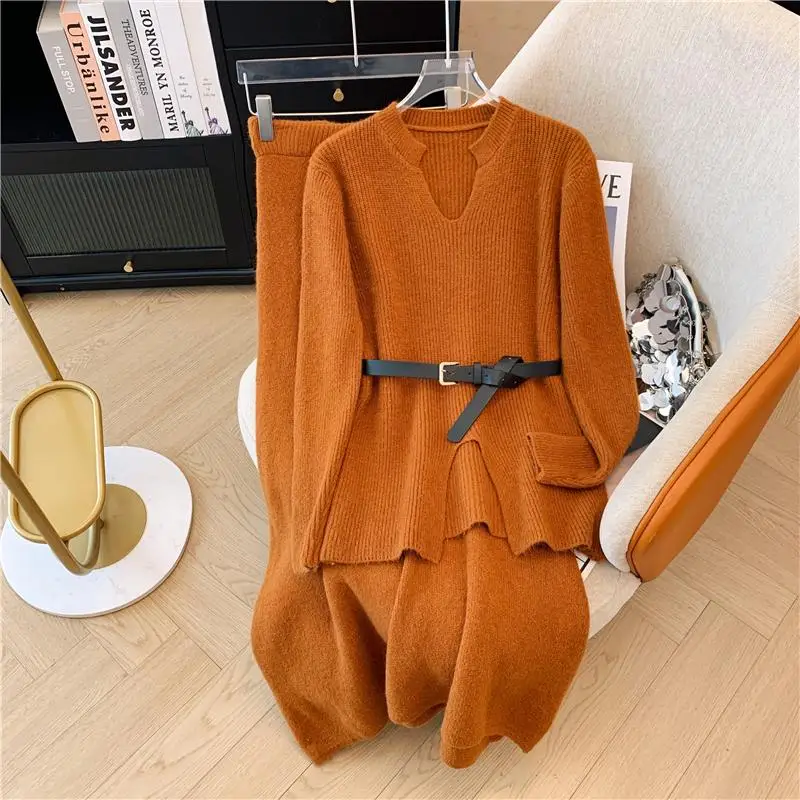 Lazy Style Sweater Set Skirt for Women\'s Autumn and Winter V-neck Pullover Knitted Sweater Top Half Skirt Fashion Two-piece Set