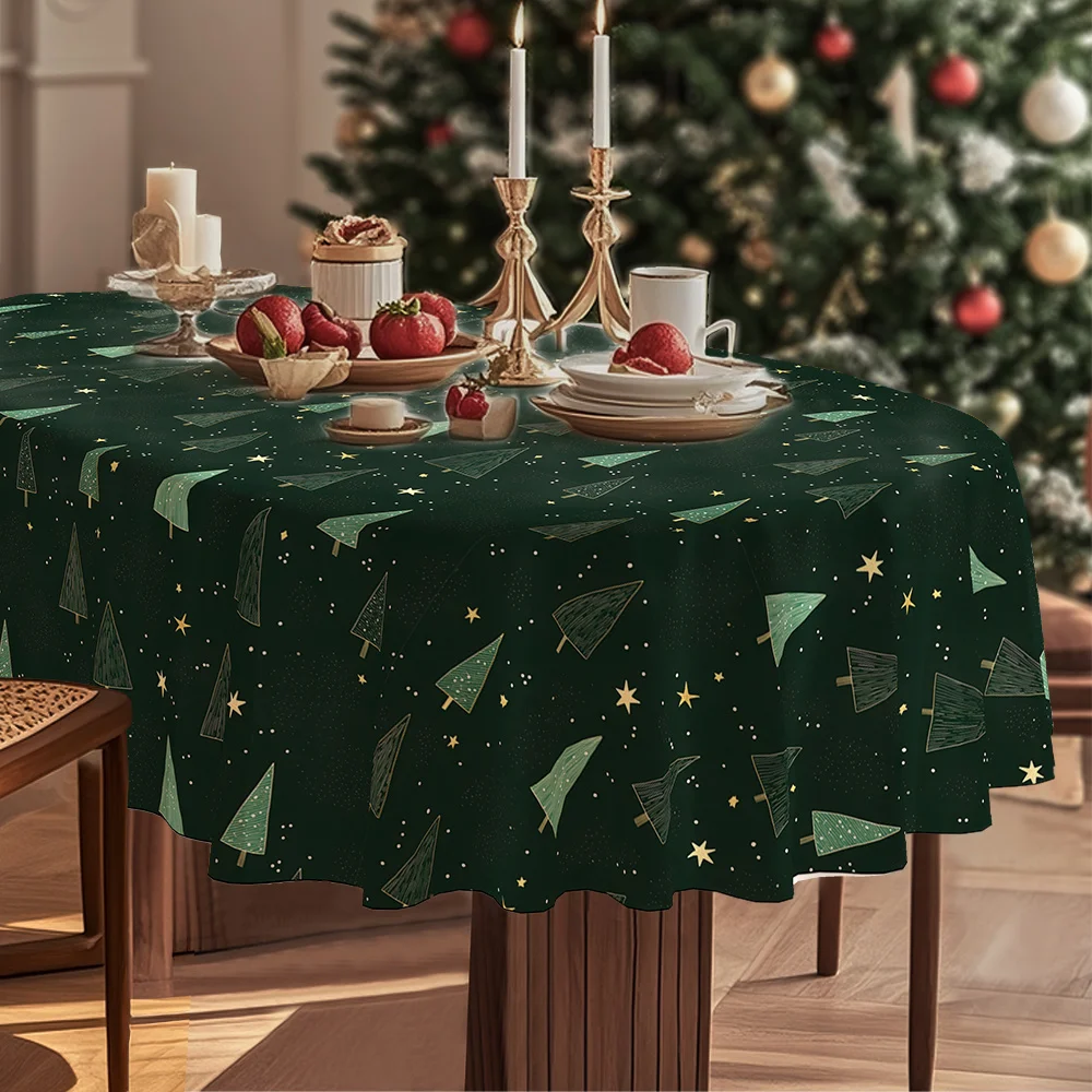 Pack of 1, Christmas, winter ice and snow tablecloth, green decoration, green and gold Christmas tree pattern, simple and modern
