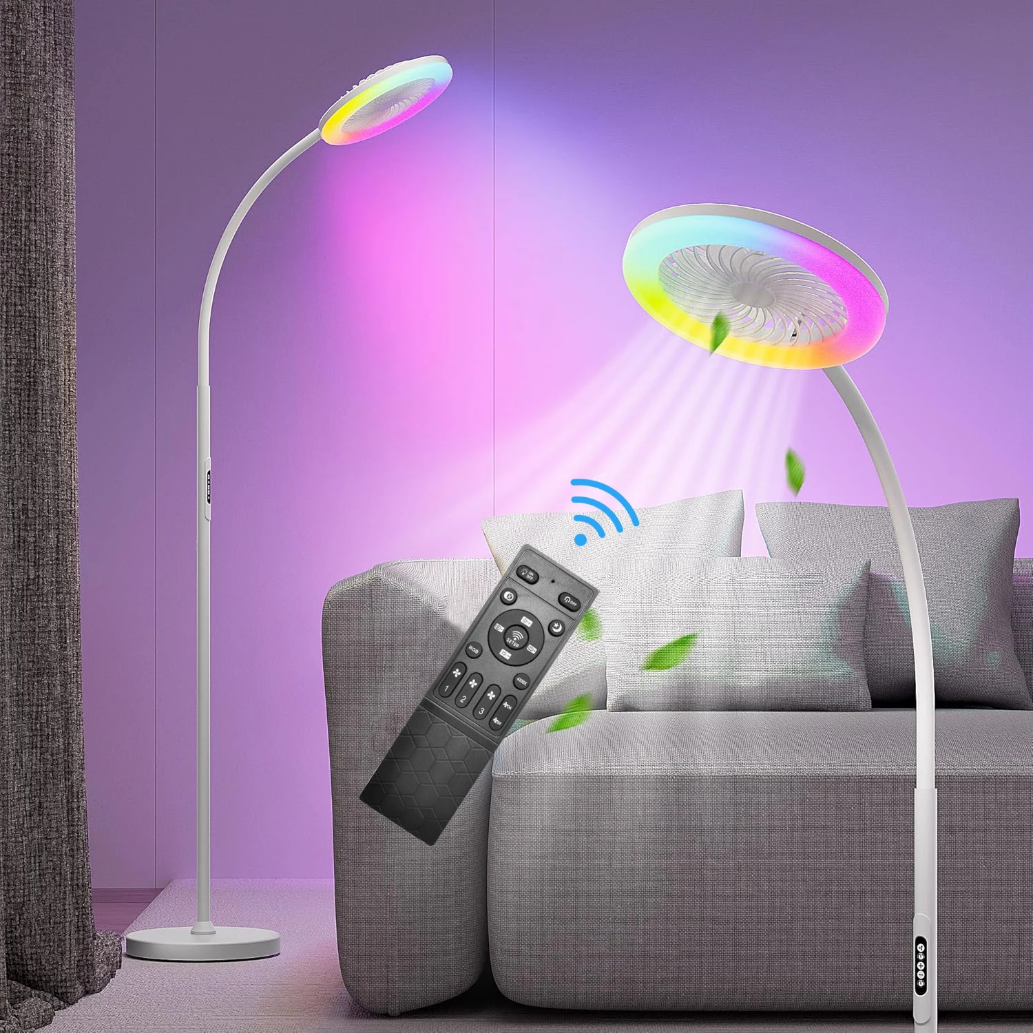 

Stepless Adjustable 3000K-6000K and Dimming Floor Fan with RGB Lights Remote and Button Control Gooseneck Floor Lamp with Fan