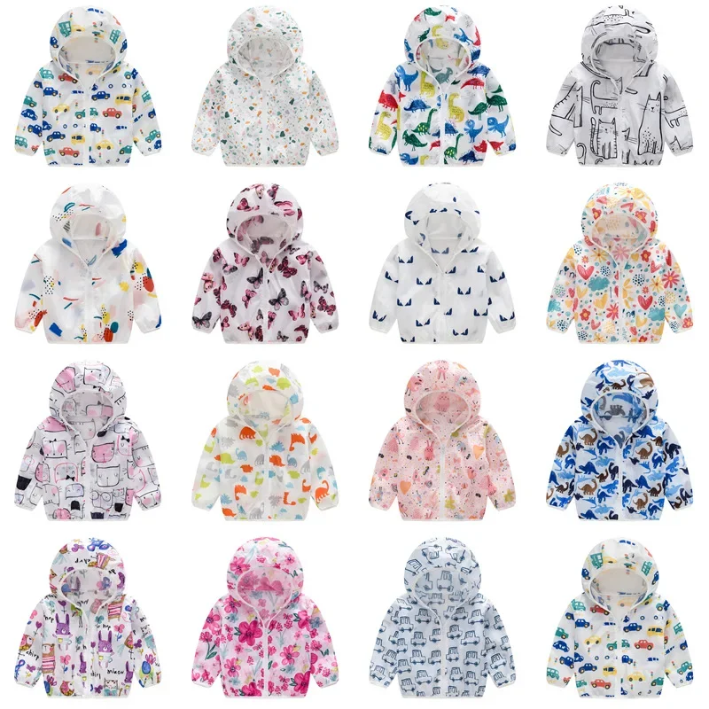 2024 New Summer Baby Boys Cute Sunscreen Jackets Kids Clothes Toddler Girls Cartoon Print Hooded Cardigan Coats Free Storage Bag