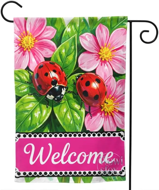 Ladybug Pink Flower Garden Flag 12×18in Double Sided Red Insect Theme for Spring Summer Outdoor Yard Welcome Decor IIC