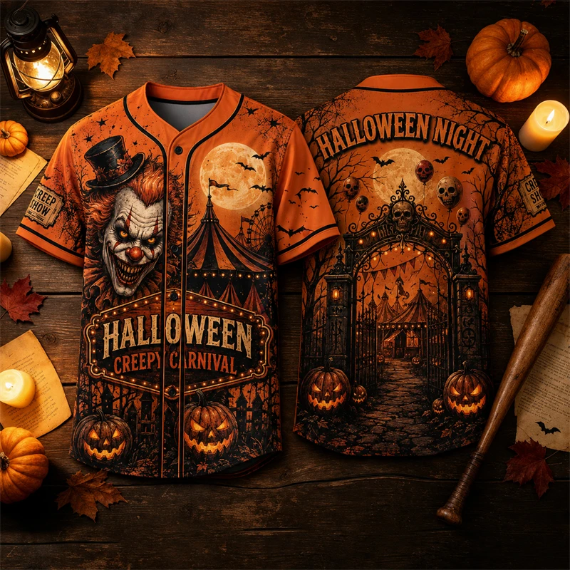 Pumpkin Scarecrow Halloween Baseball Jersey Unisex  3D Full Print Button‑Up Men Breathable Tops Trick Or Treat Holiday Costume