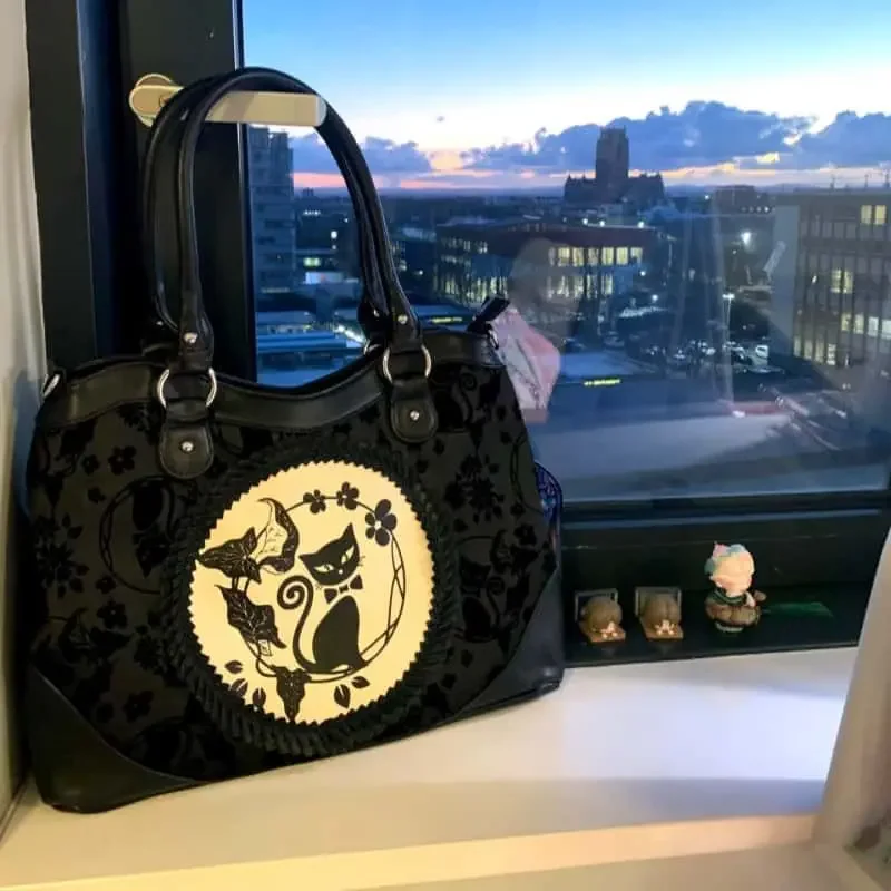Women's Versatile and Elegant Commuting Shoulder Bag, New Vintage Black Cat Print Tote Bag, Gothic Style Large Capacity Handbag