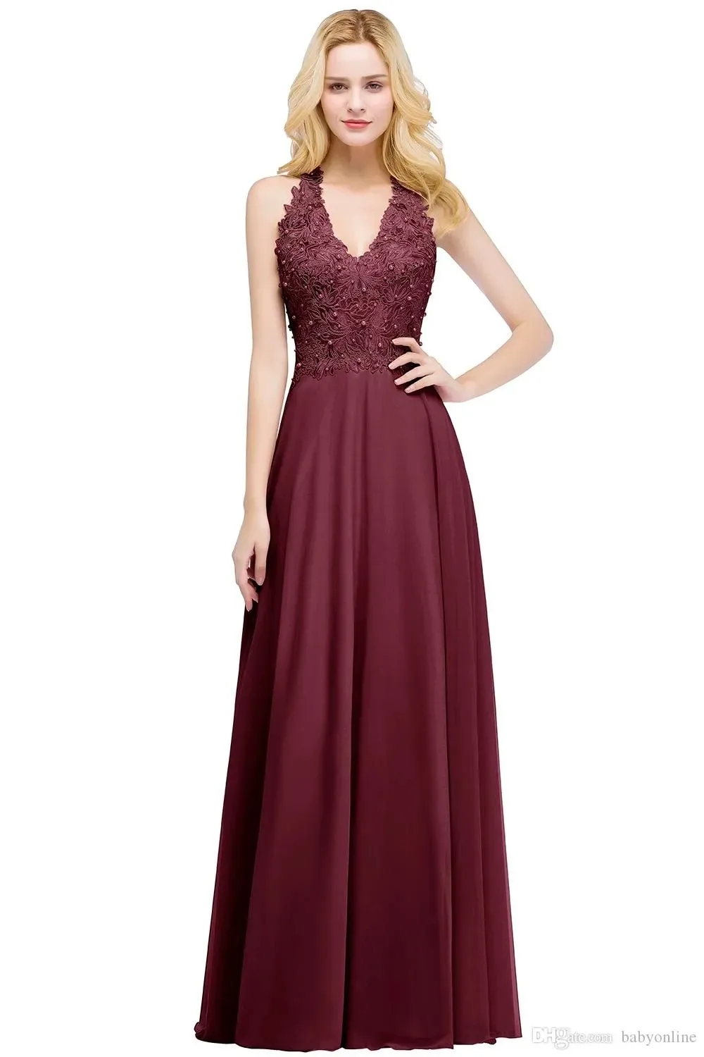 BABYONLINE Evening Dresses For Women 2024 Pearl Lace Applique Elegant V-Neck Sheer Back Long Chiffon Formal Party Prom Gowns