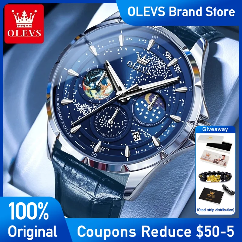 

OLEVS Mens Watch luxury Brand Quartz Watch Leather Strap Waterproof Luminous Moon Phase Men's WristwatchStarry Sky Dial Reloj