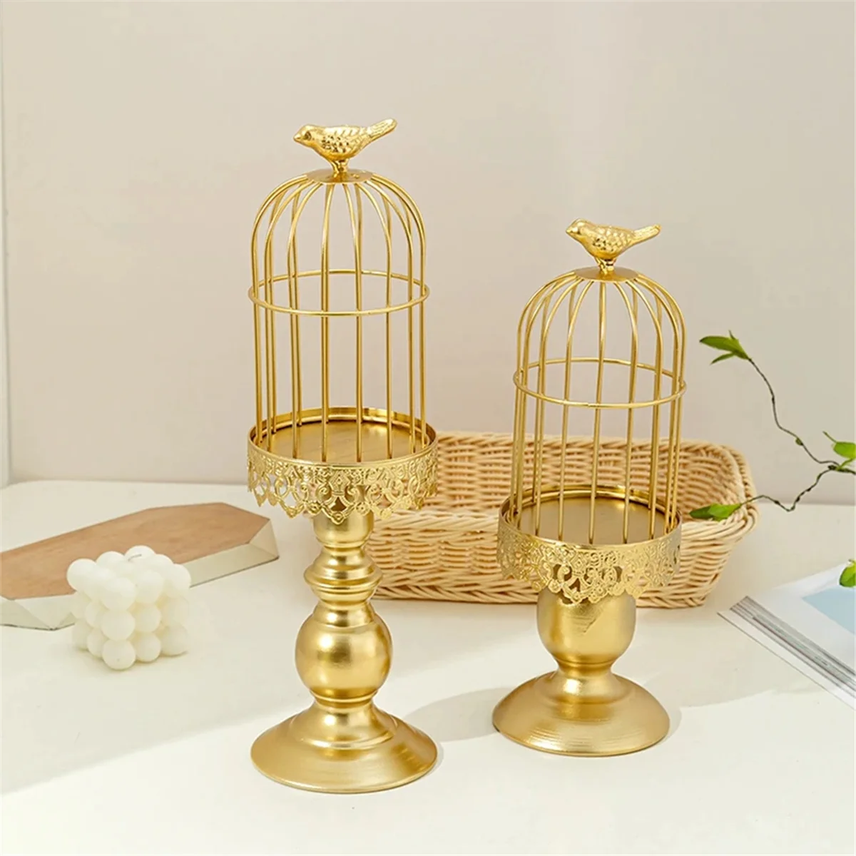 2PCS Retro Bird Cage Candle Holder Metal Iron Art Candlestick Wedding Party Home Tables Centerpieces Decoration Gold