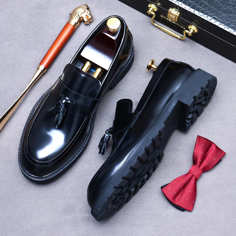 Luxury Leather Mens Dress Loafers Shoes Platform Tassel Genuine Leather New Black Wedding Social Formal Shoes Man