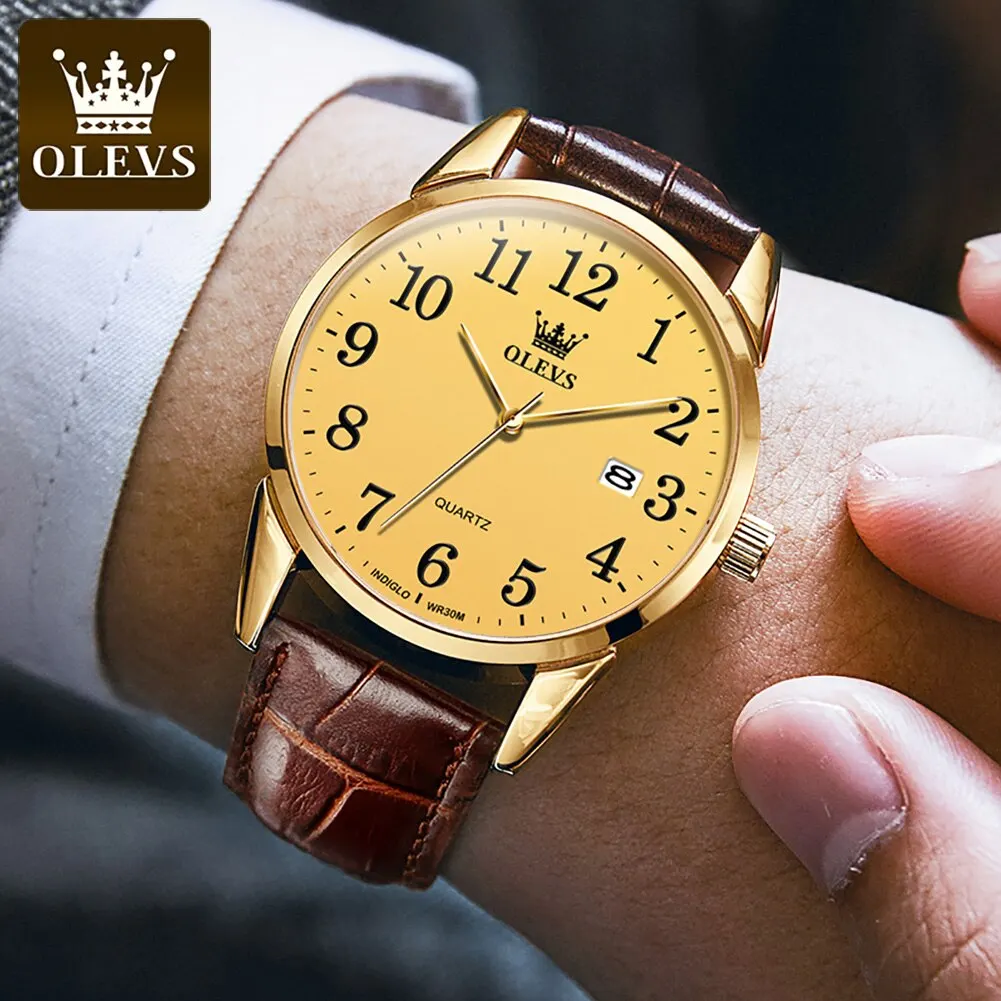 OLEVS Classic Quartz Watch for Men Brown Leather Strap Watch With Date Feature Digital Dial Waterproof Business Man Wristwatch