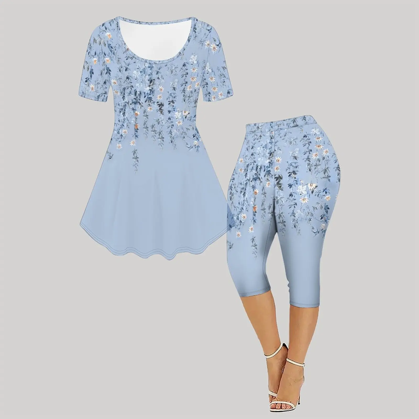 2pcs Vintage Print Two Piece Set Ladies Casual Short Sleeved Elegance Tops Everyday Street Jogging Pants